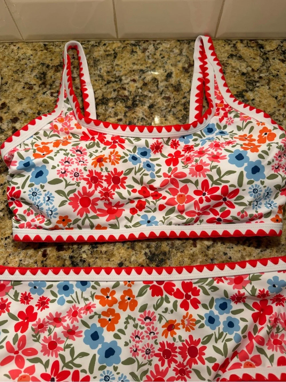 Floral Cottagecore High-Waist Bikini Set with Red Trim NWOT | size Medium